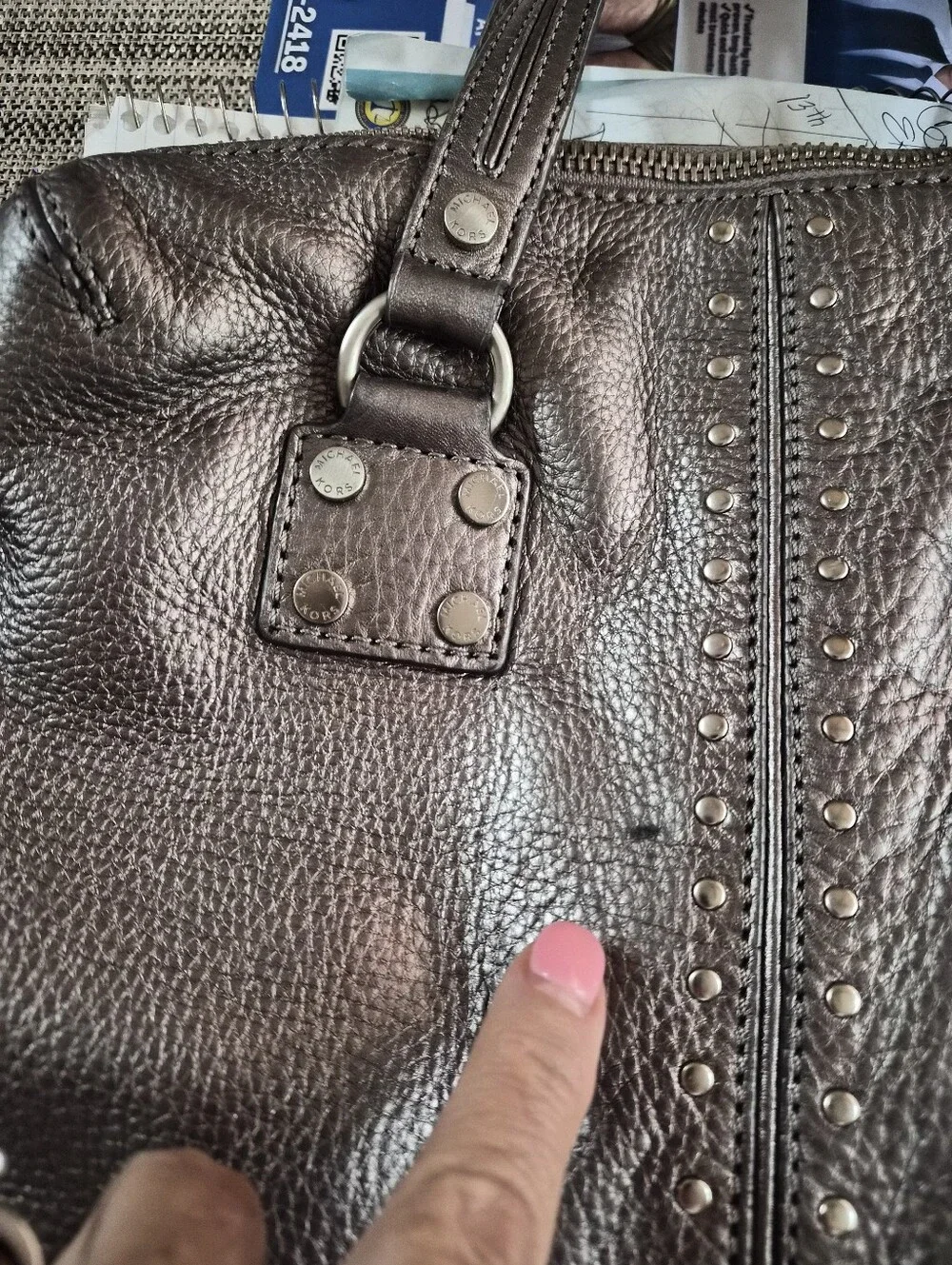 Michael Kors Ladies Pewter Astor Studded Satchel Handbag